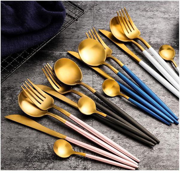 

home cutlery set blue gold 4pcs/set stainless steel frosted high-end steak cutlery knife spoon fork dessert spoon re bbyrjg