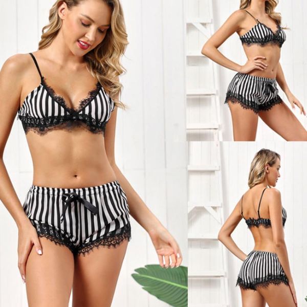 

women striped lace trim bra and panty set pajama set lingerie for women ladies, Red;black