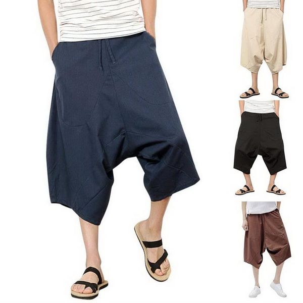 

fashion harem pants men nice summer hip hop wide leg cross pants casual boys drawstring loose linen trousers plus size 5xl, Black