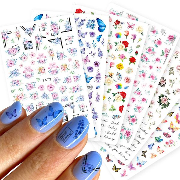 Nuovo design Cursori a farfalla 3D Adesivi per unghie Fiori colorati Adesivi rosa rossa Decalcomanie per manicure Lamine per unghie Decorazioni per tatuaggi