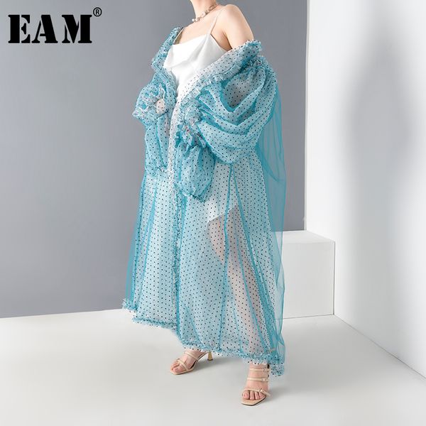 

[eam] women blue dot mesh perspective big size long blouse new long sleeve loose fit shirt fashion spring summer lj200811, White