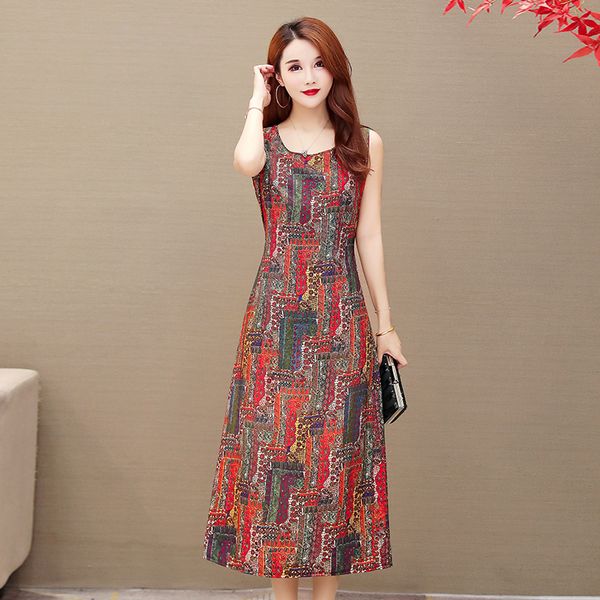 

2021 new new women print o-neck vintage casual sleeveless sundress ladies backless party dress female vestidos b30l, Black;gray