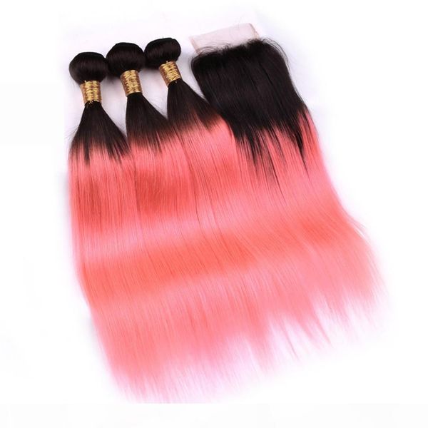

ombre rose gold straight indian human hair weave wefts with closure #1b pink ombre straight human hair 4x4 front lace closure with 3bundles, Black;brown