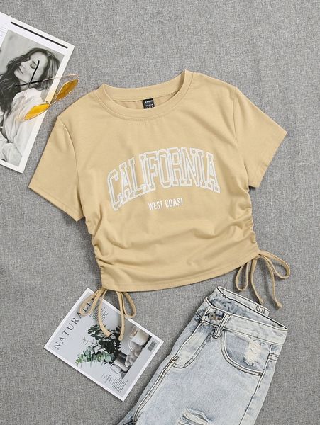 

letter graphic drawstring side crop tee 896n#, White