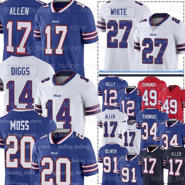 

17 josh allen jerseys 14 stefon diggs bill 27 tre davious white buffalo 49 tremaine edmunds 12 jim kelly zack moss thurman thomas 03, Blue;black