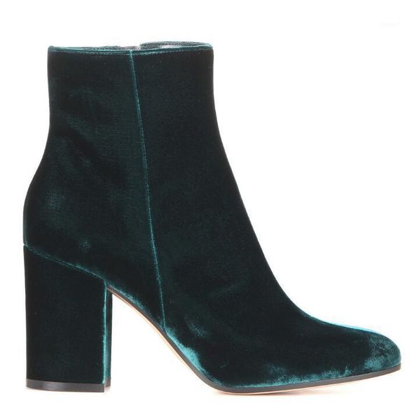 

velvet round toe lady ankle booties autumn winter square heels woman fashion short boots blue green high heels shoes size451, Black