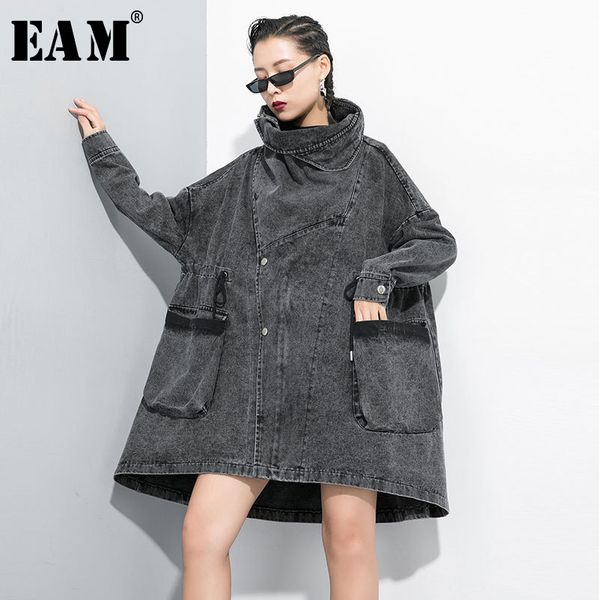

[eam] women black big size denim trench new lapel long sleeve loose fit windbreaker fashion tide spring autumn 1d208 201110, Tan;black