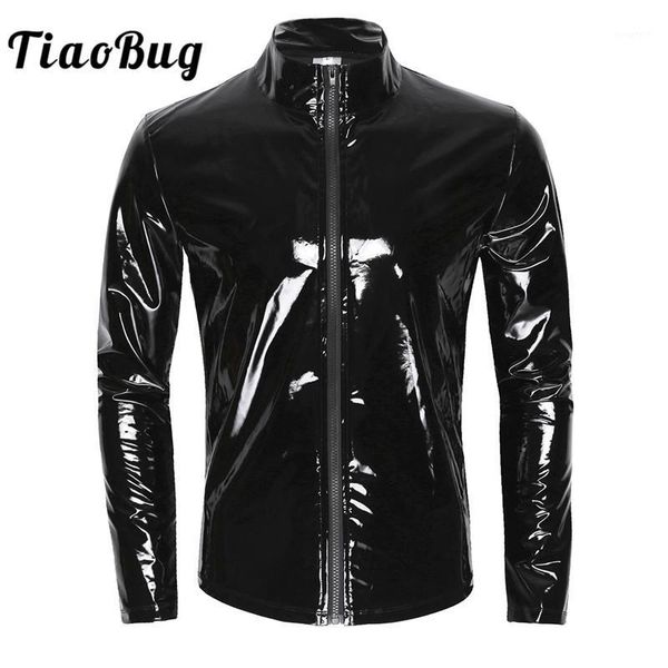 

tiaobug men black shiny metallic long sleeve stand collar wet look patent leather nightclub party stage dance shirt, White;black