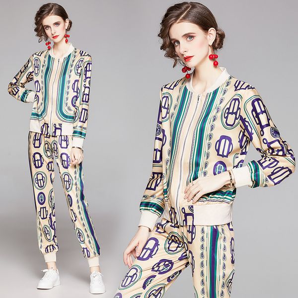

latest designer runway luxury fashion printed womens sports two piece sets long sleeve zippered jackets + long pants 2 pcs ladies tracksuits, White