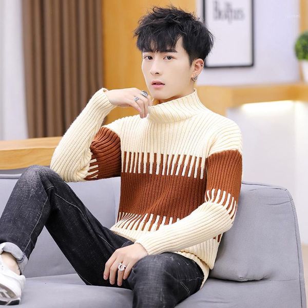 

2019 winter high neck thick warm sweater men turtleneck brand patchwork mens sweaters slim fit pullover men knitwear male1, White;black