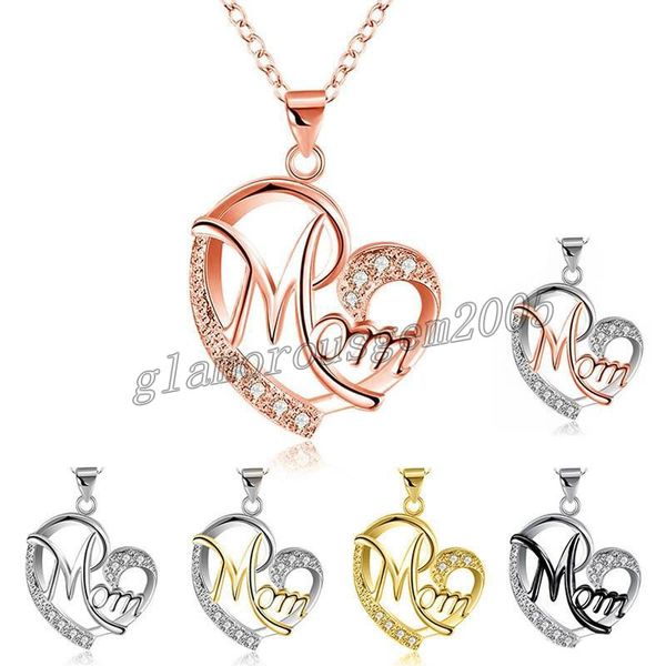 

rose gold letter mom necklace women heart crystal pendant necklaces chain choker necklace mother's day gift jewelry necklaces, Silver