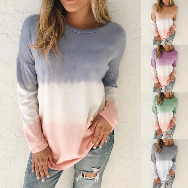 

женщины зима градиент цвета tie-dye шею длинным рукавом t-shirt повседневный пуловер перемычки сыпучие длинные tops, Black