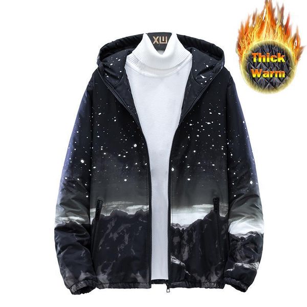

men's winter jacket 3d starry mountains pattern print cotton coat thick warm parkas casual outwear hooded casacas para hombre1, Black