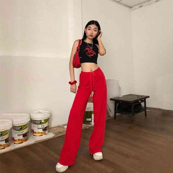 

women long y2k pants high waist drawstring casual trousers spring fall red wide legs trouser all-match female ladies, Black;white