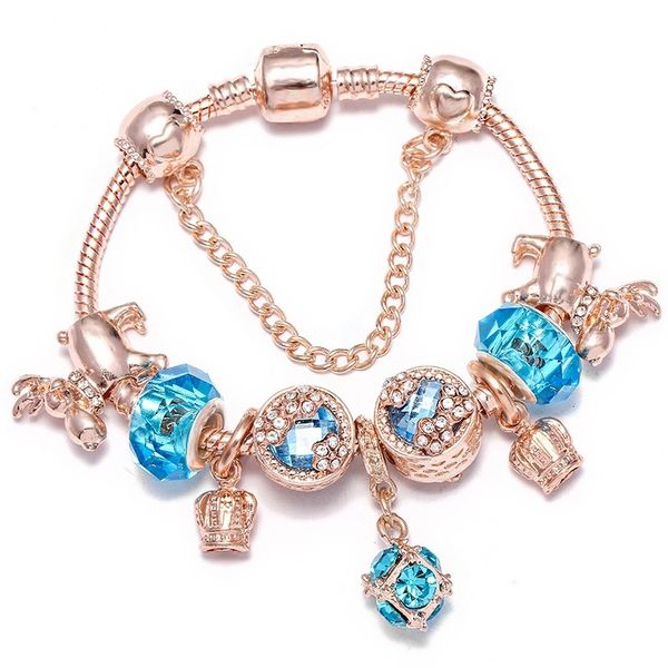 Hochwertige Roségold-Silber-Charm-Perlen, blaues Muranoglas, Herz-Kristall, Schmetterling, passend für europäische Pandora-Charm-Armbänder, Sicherheitskette, Schmuck, DIY-Frauen