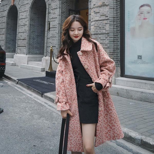 

2020 new winter women fashion leopard woolen coat female single breasted outwear ladies lapel overcoat girls lace up jacket1, Black