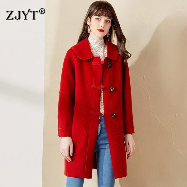 

2020 street style winter fashion solid long woolen jackets and coats women turn down collar wool blends lady overcoat outerwear1, Black
