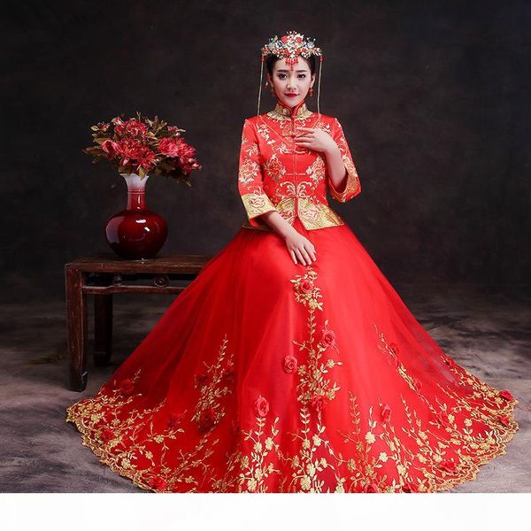

bride wedding cheongsam red new traditional chinese wedding gowns women flower embroidery lace qipao dress robe rouge kimono