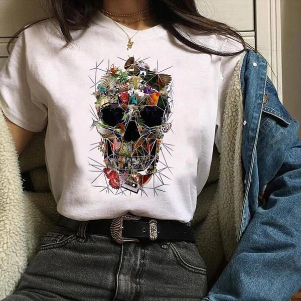 

women clothing clothes graphic kawaii floral plant skull face 90s print halloween tees female t shirt womens t shirt, White