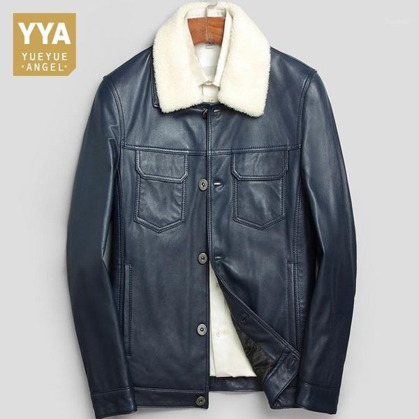 

men winter cotton padded sheepskin genuine leather jacket lamb wool collar coat slim fit office man outwear coats biker jackets1, Black
