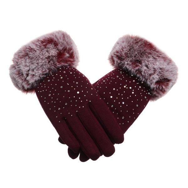 

1pair new shiny rhinestone touch screen mittens women faux fur gloves winter thicken warm windproof cashmere gloves plus velvet, Blue;gray