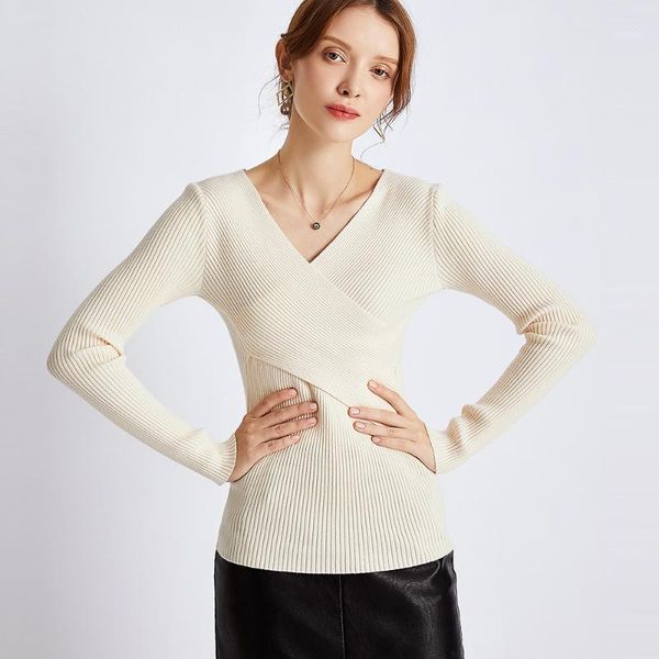 

hlbcbg autumn winter v-neck thick sweater pullovers women long sleeve casual 2020 cross sweater knit jumpers, White;black