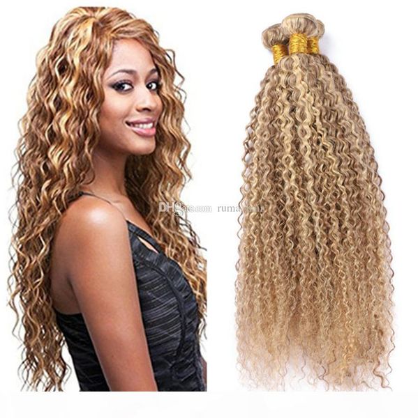 

mix 27 613 color blonde ombre hair weave afro kinky curl blonde 3bundles brazilian virgin unprocess hair piano color, Black;brown