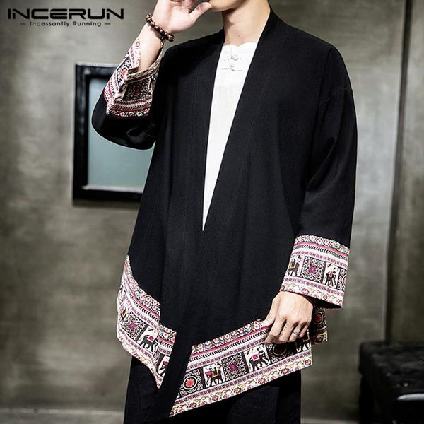 

incerun fashion men retro printed patchwork long sleeve kimono cardigan jackets casual cotton comfort mens outerwear coats hanfu, Black;brown