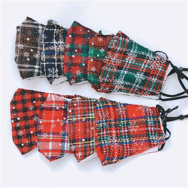 

christmas mask reusable fashion plaid face masks elastic hook mouth cover with pm2.5 filter slot snowflakes print facemasks e102201