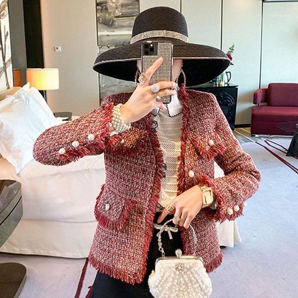 

korean spring women tweed jackets new ladies pearl buttons tassel long sleeve red single breasted v neck coats qt571, Black;brown