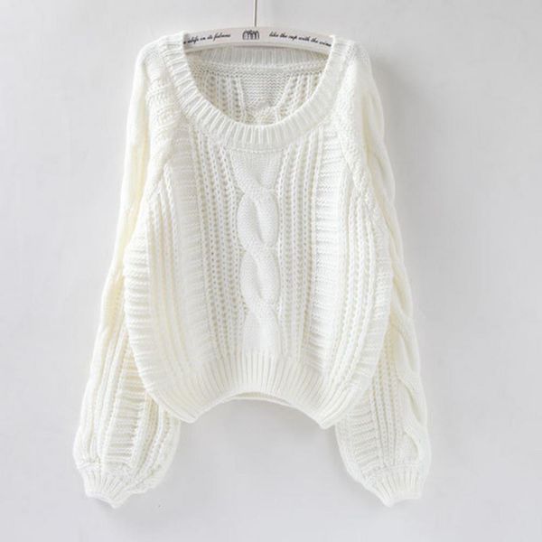 

2021 women winter clothes korean style white pull jumpers solid chic short sweater twisted pull femme kawaii pullover ropa, White;black