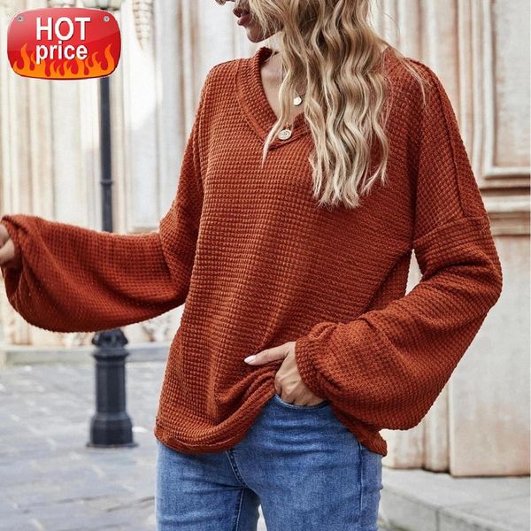 

2021 women blouses solid color long sleeve v neck puff sleeve knitwear blouse pullover for high waist leggings street wear #qj7t, White