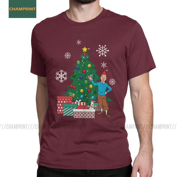 

men's tintin and snowy around the christmas tree short sleeve herge comic dog plus size sport hooded sweatshirt hoodie men t shirt