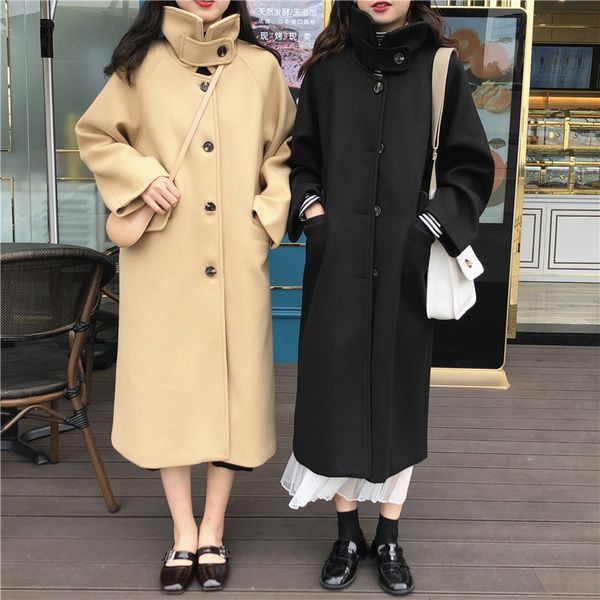 

woollen women's 2020 new korean fashion long over knee loose leisure thickened warm coat, Black