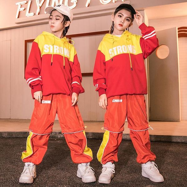 

stage wear hip hop dance costume kids red hooded clothes children's fashion boys girls street ballroom dress performance outfits1, Black;red
