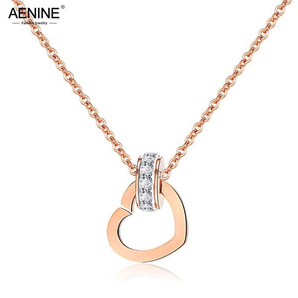 

pendant necklaces aenine luxury cubic zirconia circle heart charm rose gold color stainless steel chain neckalce jewelry an17063, Silver