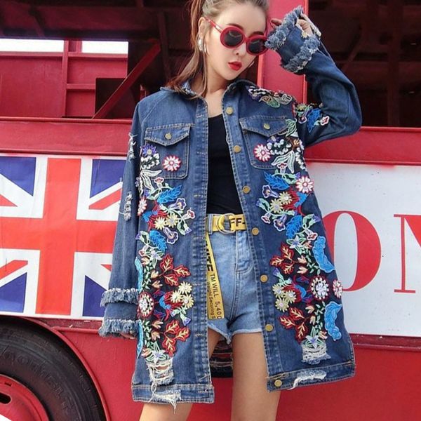 

shengpalae fashion floral embroidery denim coat long ripped tassel beading jeans jacket women 2020 new spring fi071x1016, Black;brown