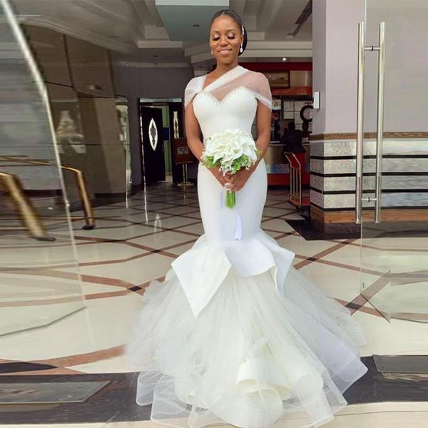 

ivory mermaid tulle satin pearls crystals beading wedding dress with sweep train robe de mariage zipper up back wedding gowns, White
