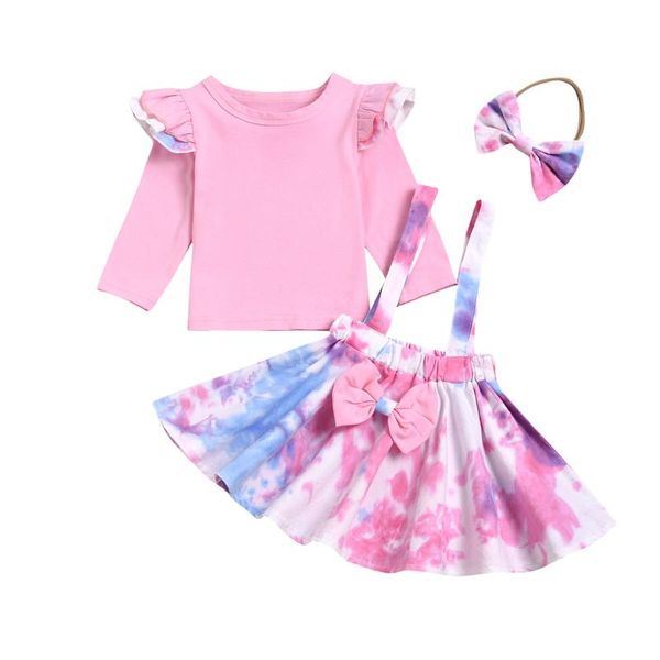 

clothing sets 3pcs toddler girls set pink headband shirts strap skirt kids suits colorful spring fall children clothes, White
