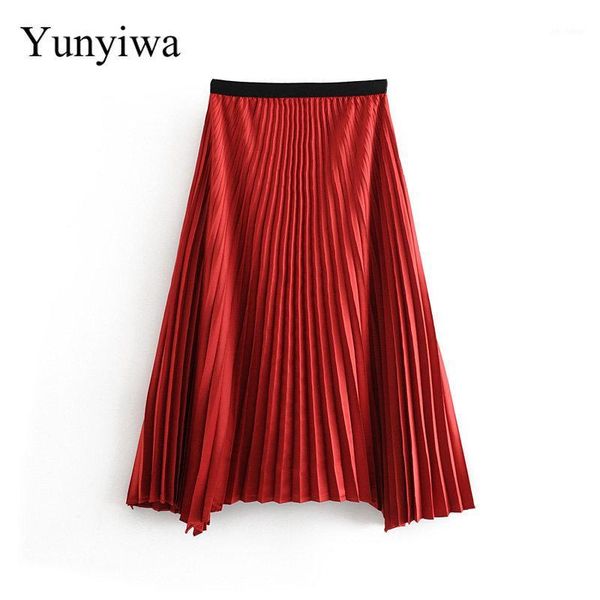 

2019 women fashion solid color irregular hem pleated midi skirt ladies elastic waist vestidos casual chic skirt1, Black