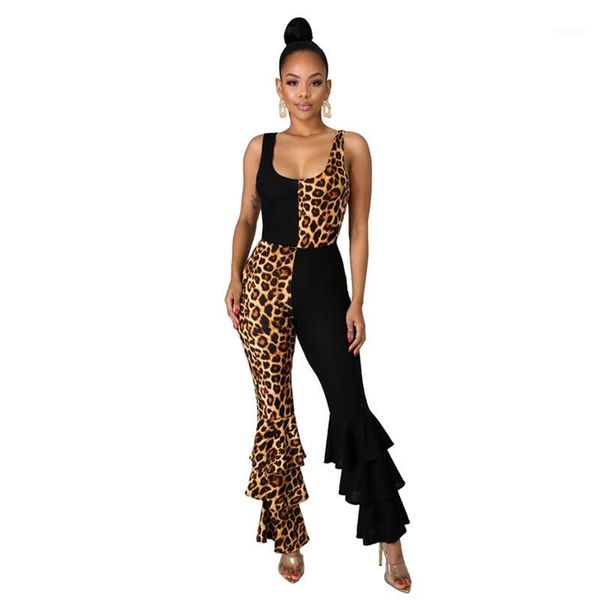 

leopard women jumpsuit rompers backless elegant night party jumpsuit long pants female ruffles bodycon overall plus size1, Black;white