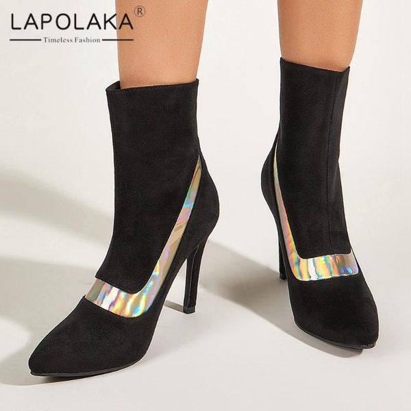 

boots lapolaka 2021 thin high heels short women shoes shiny british style ins fashion trendy booties ladies, Black