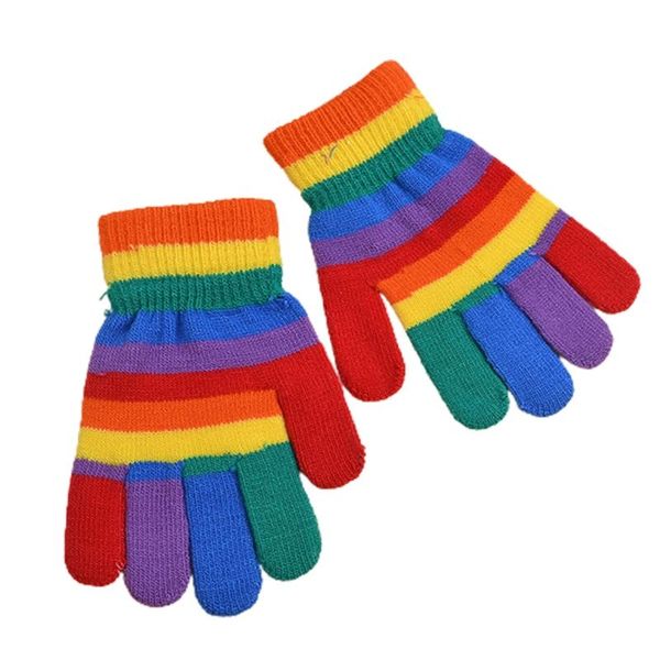 

kids winter knitted full half finger gloves rainbow colorful striped mittens 875b, Blue;gray