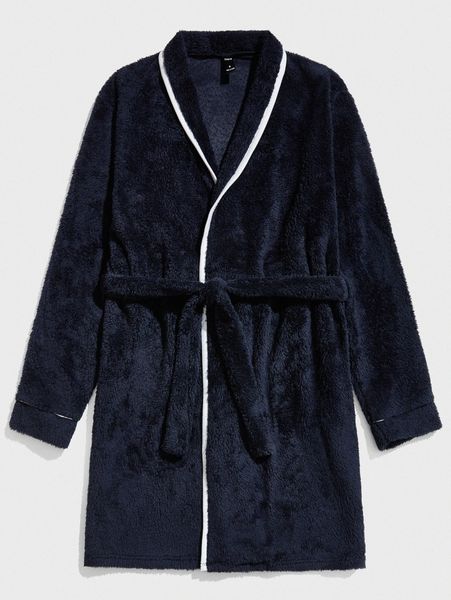 

men contrast binding belted flannel lounge robe v7wx#, Black;brown