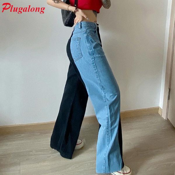 

plugalong 2020 women jeans large sizes contrast color wide leg pants patchwork button up split high waisted trousers streetwear, Blue
