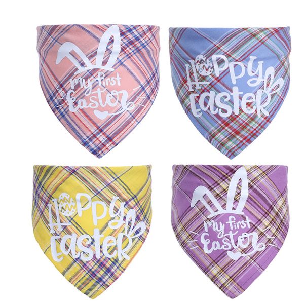 Happy Easter Pets Bandana Sciarpa per cani e gatti scozzese in cotone a strato singolo con fazzoletto medio per cani con motivo coniglio