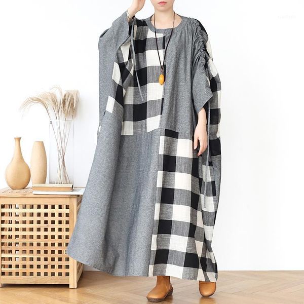 

johnature retro plaid patchwork dress o-neck 2020 spring new cotton linen loose comfortable women loose batwing sleeve dresses1, Black;gray