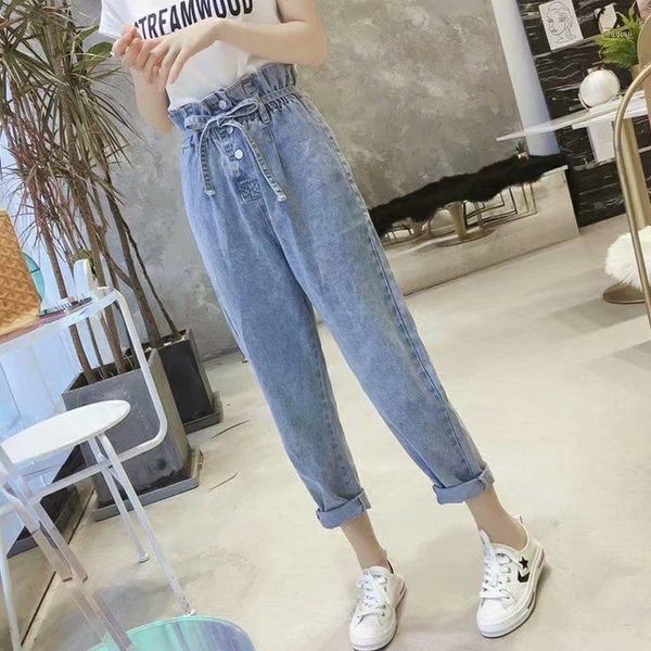

women's jeans women summer autumn casual high waist elasticity cuffing denim wide leg ankle length straight trousers jeans1, Blue