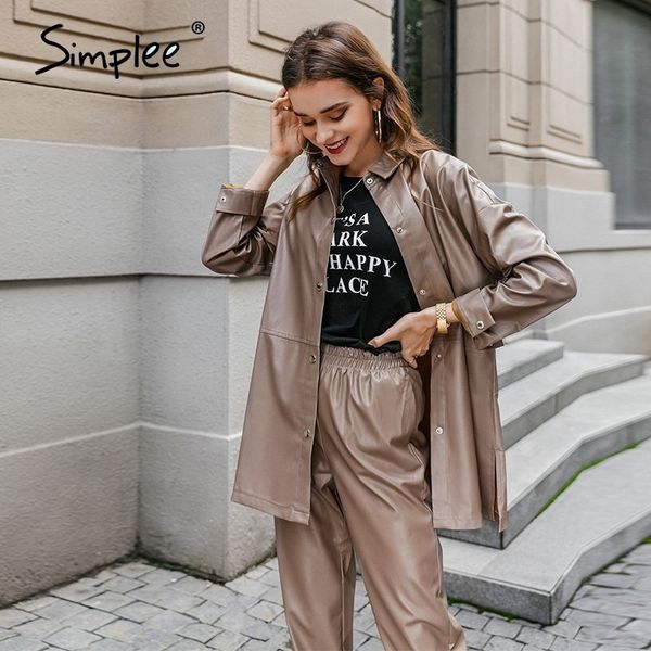 

simplee fashion autumn women pu leather two-piece jacket coat female brown button basic jacket casual button faux leather coat 210201, Black
