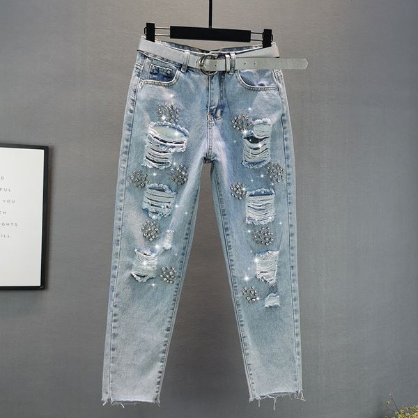 

rhinestone distressed women jeans summer new high waist hole straight ankle length casual all match female jeans quality, Blue